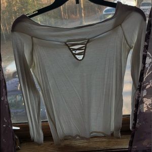 White Off the Shoulder Top w/ Lattice Detail